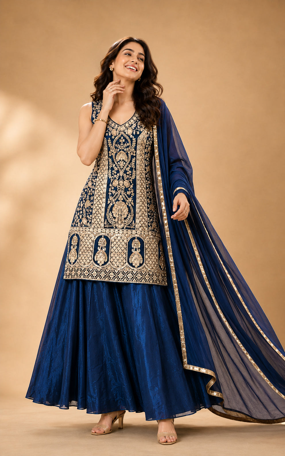 Rajeshwari Royal Blue Gold Embroidered Kurta Lehenga Set with Dupatta - S