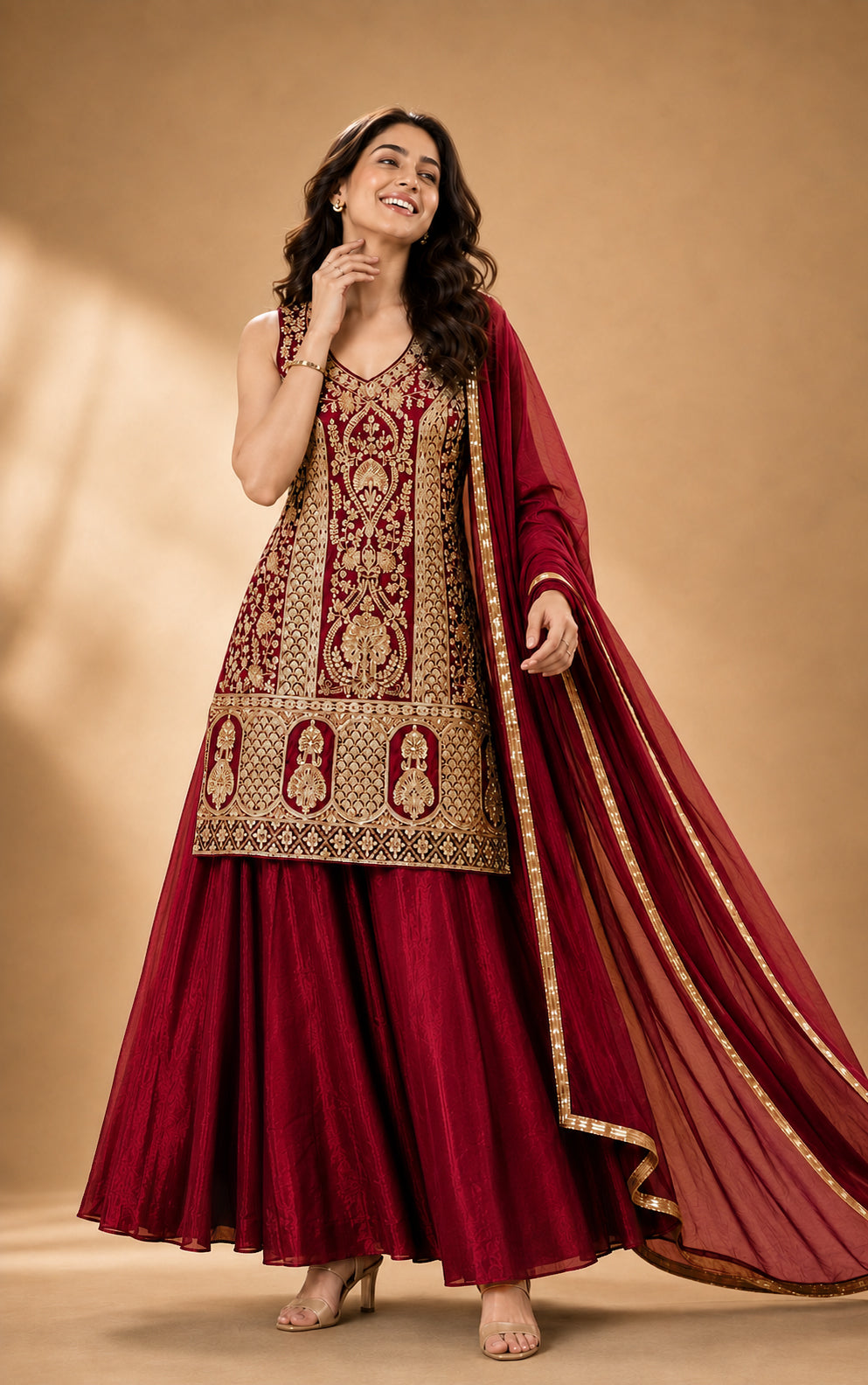 Rajeshwari Royal Red Gold Embroidered Kurta Lehenga Set with Dupatta - M