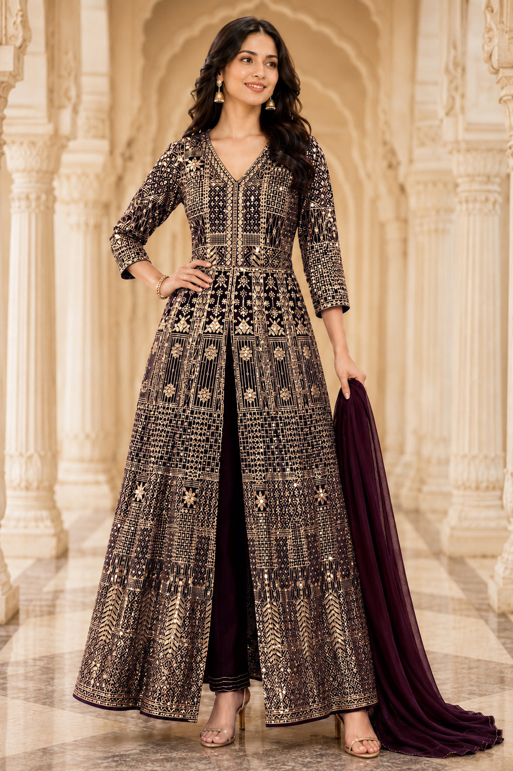 Dark Brown & Antique Gold Embroidered Jacket Kurta Set with Dupatta