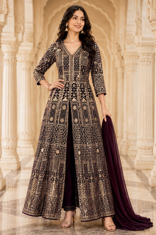 Dark Brown & Antique Gold Embroidered Jacket Kurta Set with Dupatta