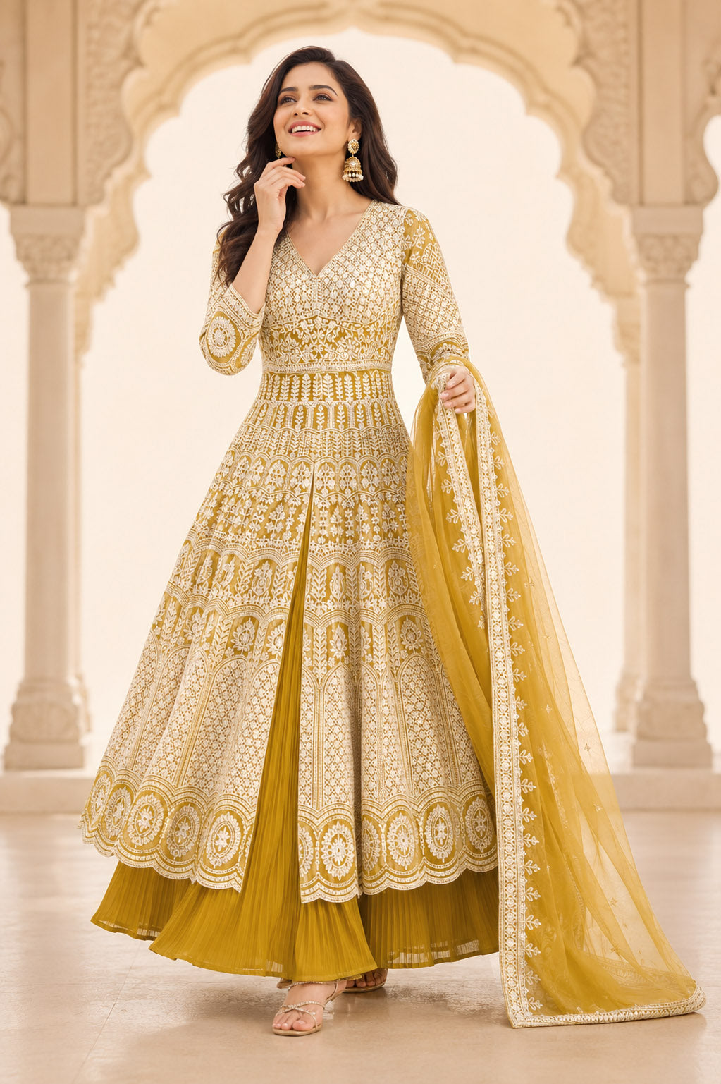 Lemon yellow Embroidered Anarkali Kurta Set with Pleated Skirt &  Dupatta