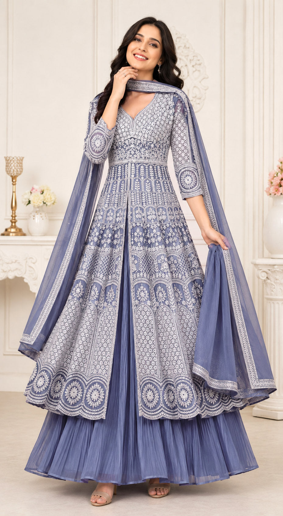 Dusty Lavender Embroidered Anarkali Kurta Set with Pleated Skirt &  Dupatta