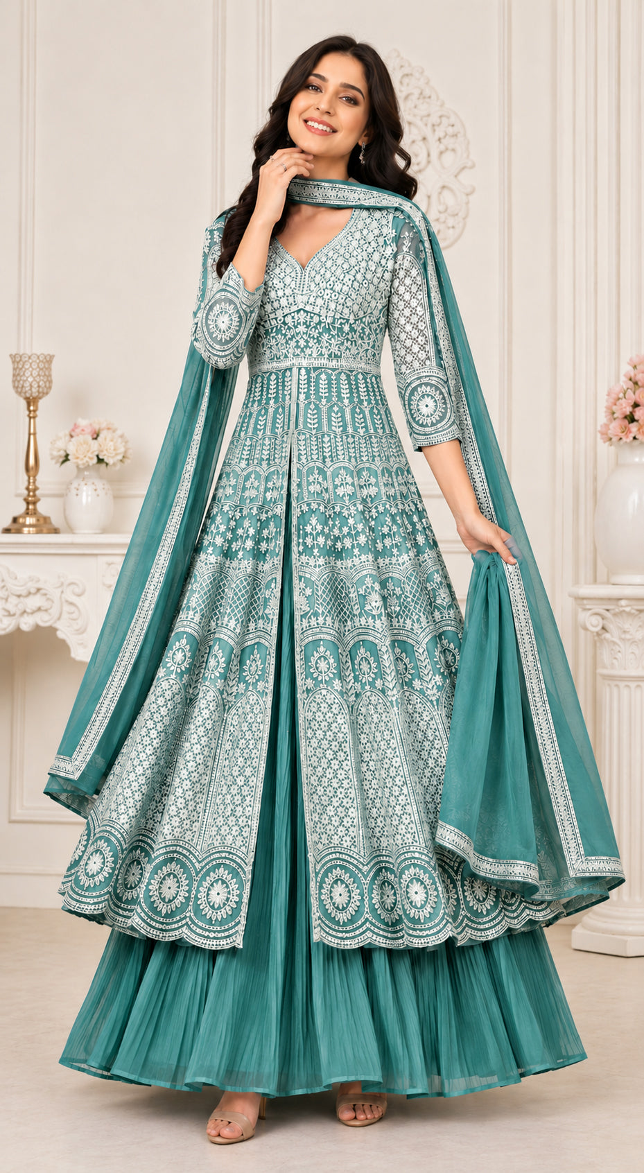 Teal Green Embroidered Anarkali Kurta Set with Pleated Skirt &  Dupatta