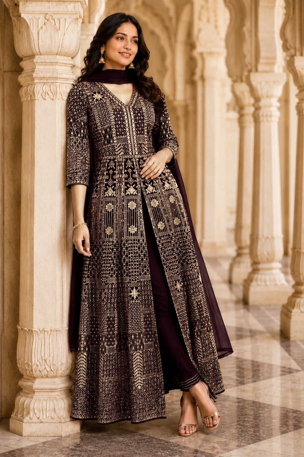 Dark Brown & Antique Gold Embroidered Jacket Kurta Set with Dupatta