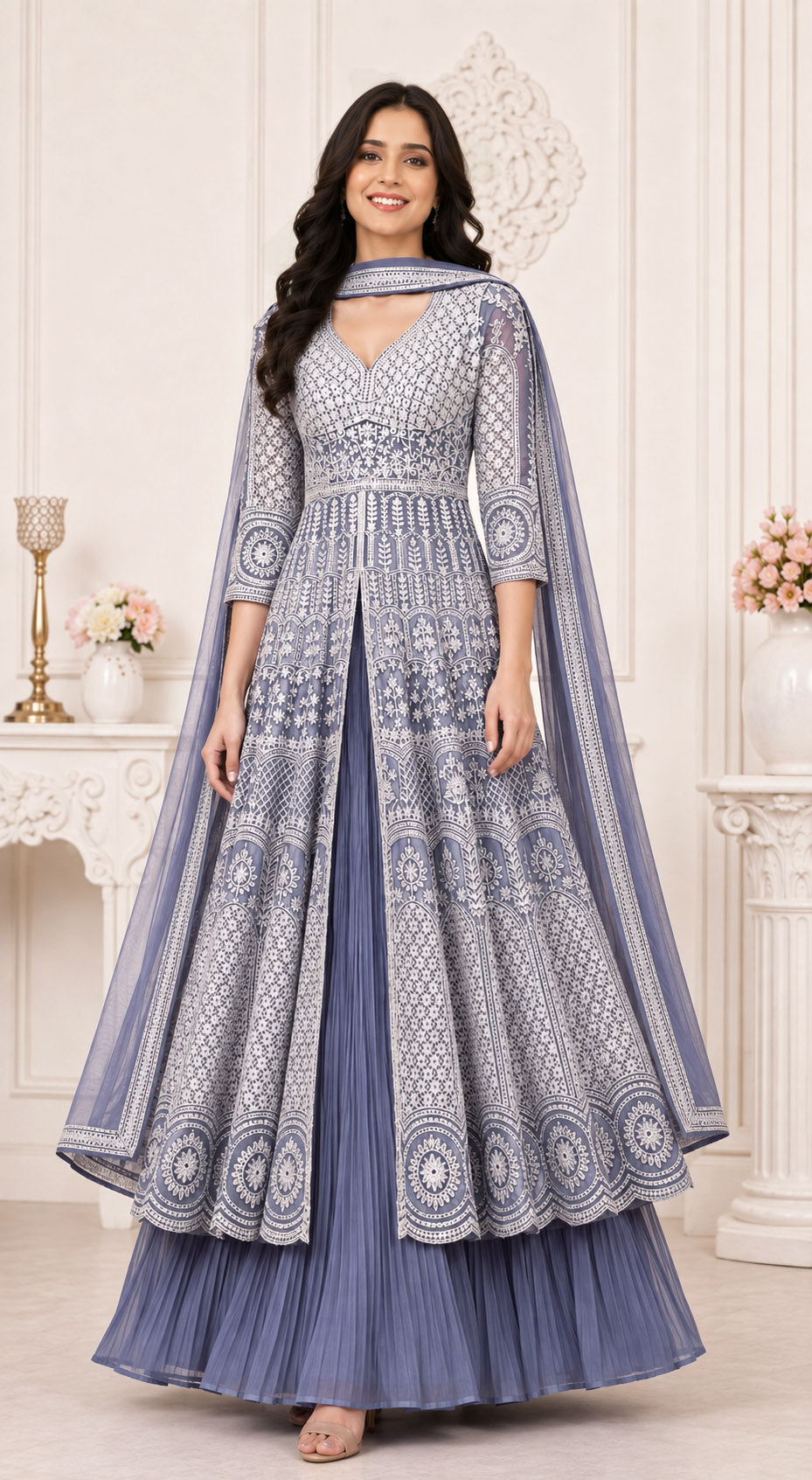 Dusty Lavender Embroidered Anarkali Kurta Set with Pleated Skirt &  Dupatta