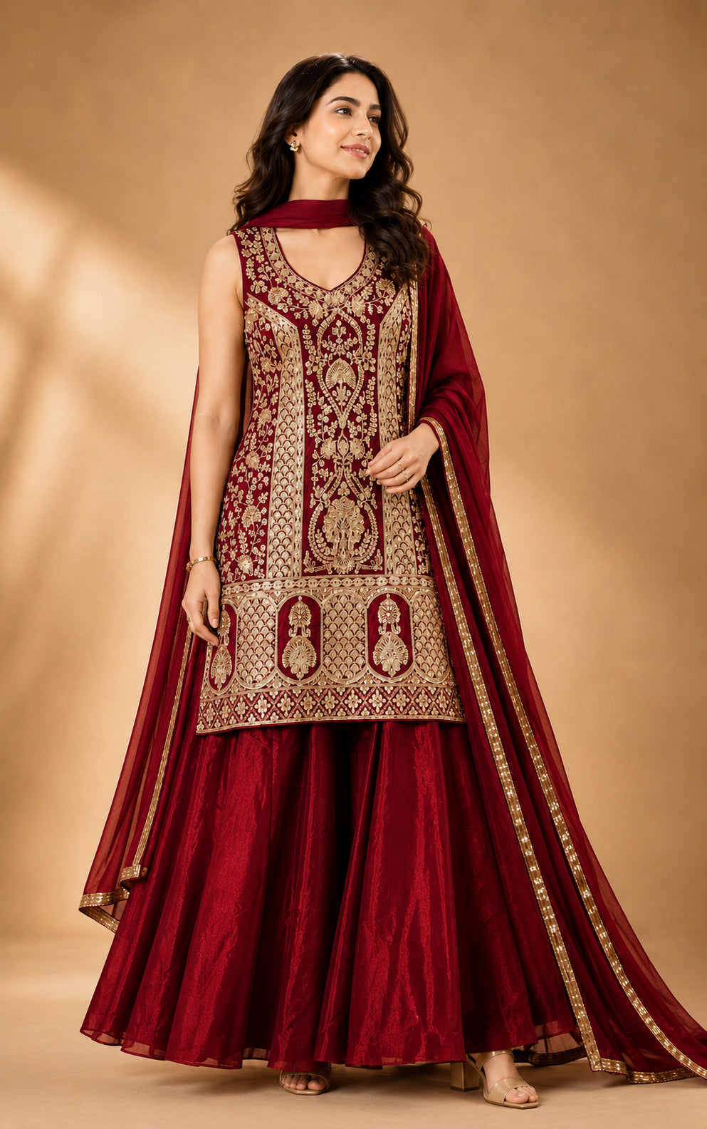 Rajeshwari Royal Red Gold Embroidered Kurta Lehenga Set with Dupatta - M