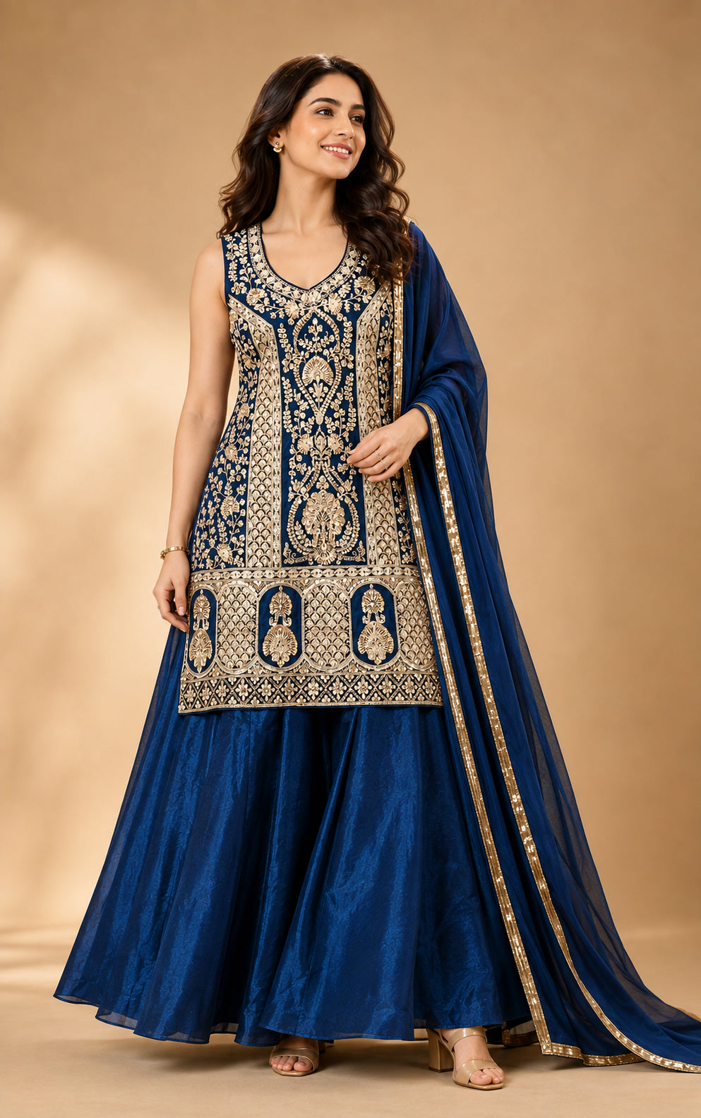 Rajeshwari Royal Blue Gold Embroidered Kurta Lehenga Set with Dupatta - S