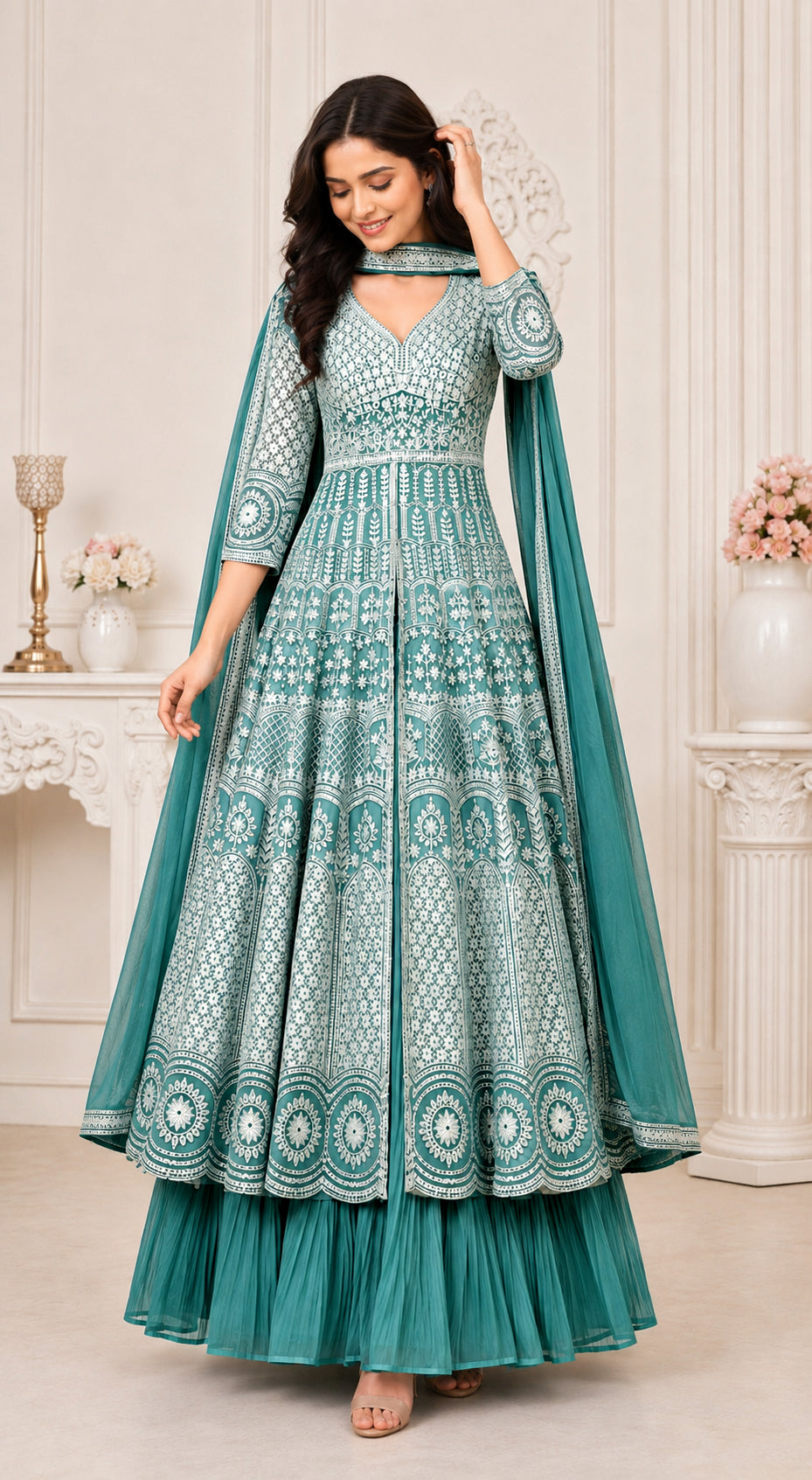 Teal Green Embroidered Anarkali Kurta Set with Pleated Skirt &  Dupatta
