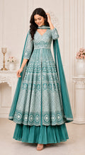 Teal Green Embroidered Anarkali Kurta Set with Pleated Skirt &  Dupatta