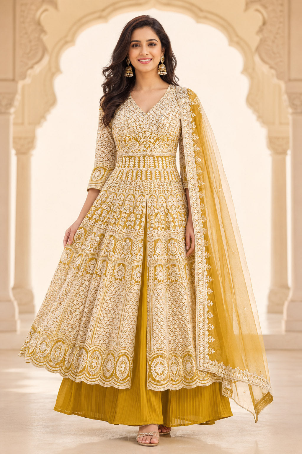 Lemon yellow Embroidered Anarkali Kurta Set with Pleated Skirt &  Dupatta