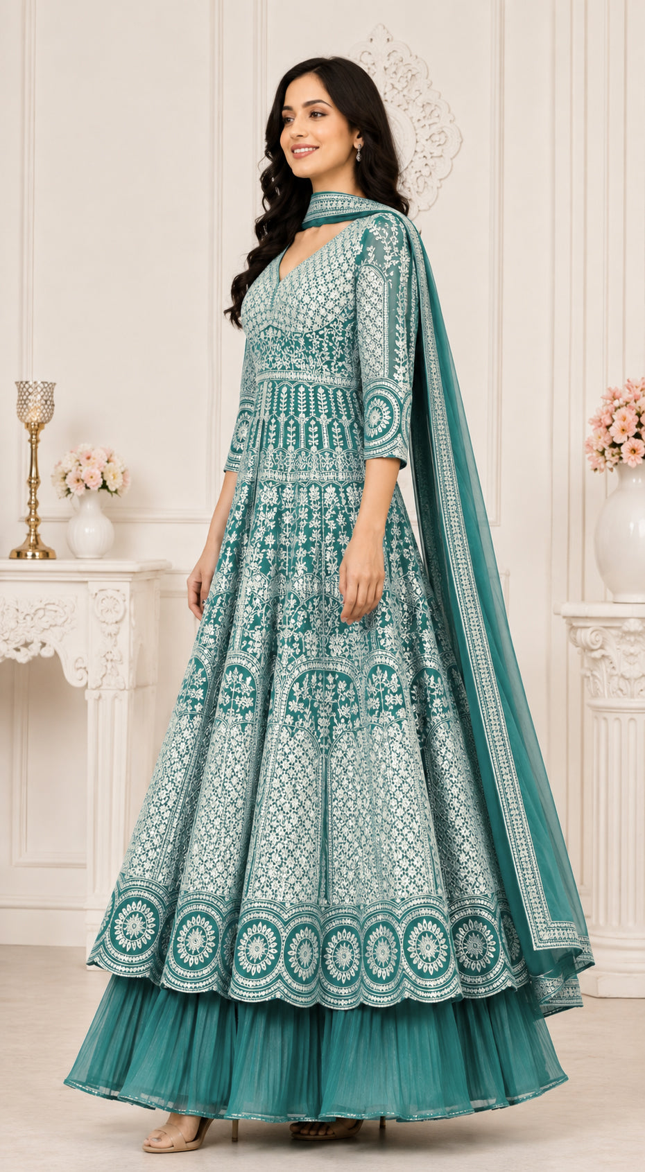 Teal Green Embroidered Anarkali Kurta Set with Pleated Skirt &  Dupatta