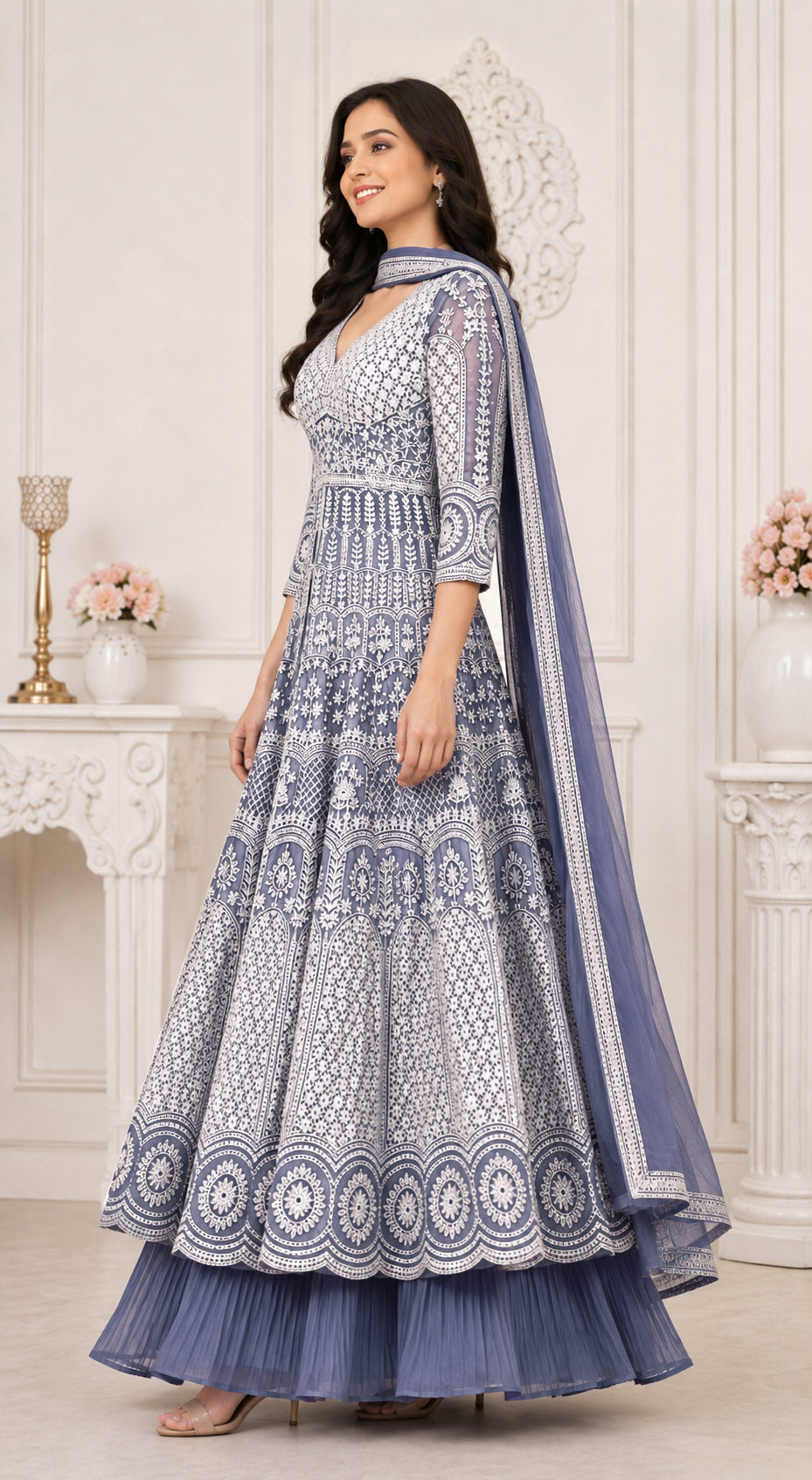 Dusty Lavender Embroidered Anarkali Kurta Set with Pleated Skirt &  Dupatta