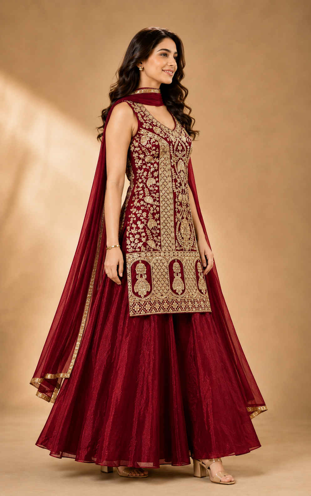 Rajeshwari Royal Red Gold Embroidered Kurta Lehenga Set with Dupatta - M