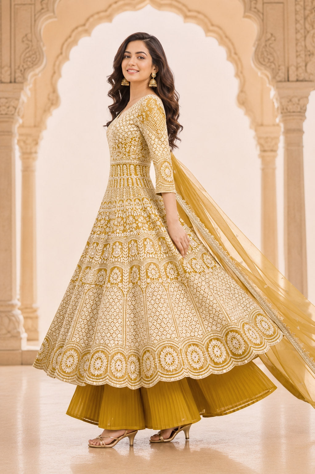 Lemon yellow Embroidered Anarkali Kurta Set with Pleated Skirt &  Dupatta