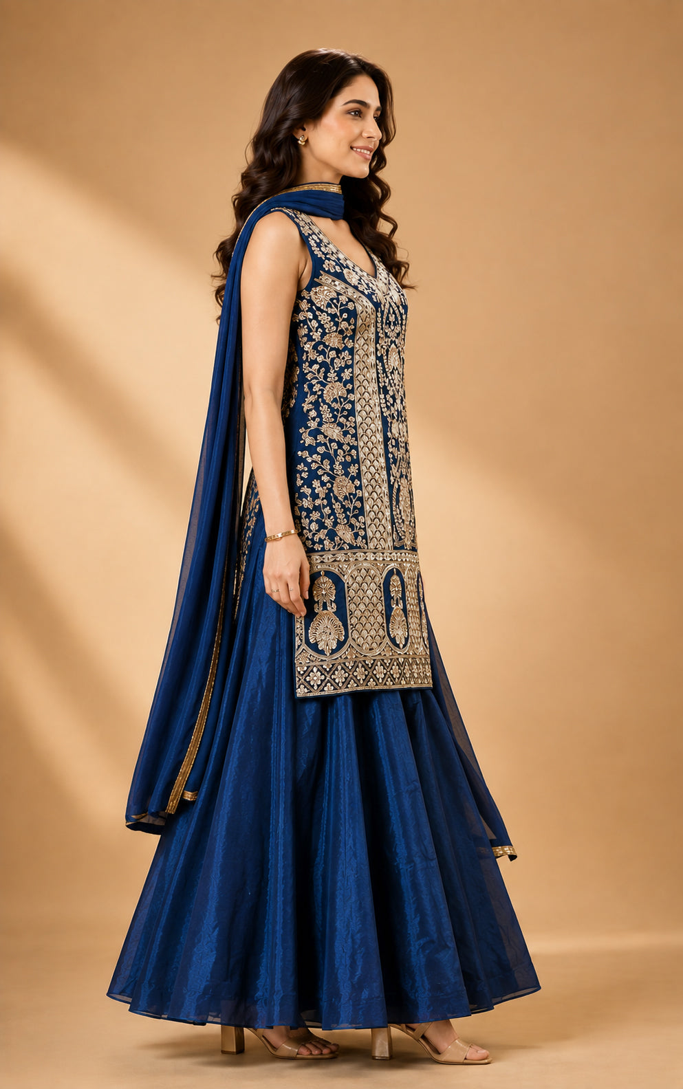 Rajeshwari Royal Blue Gold Embroidered Kurta Lehenga Set with Dupatta - S