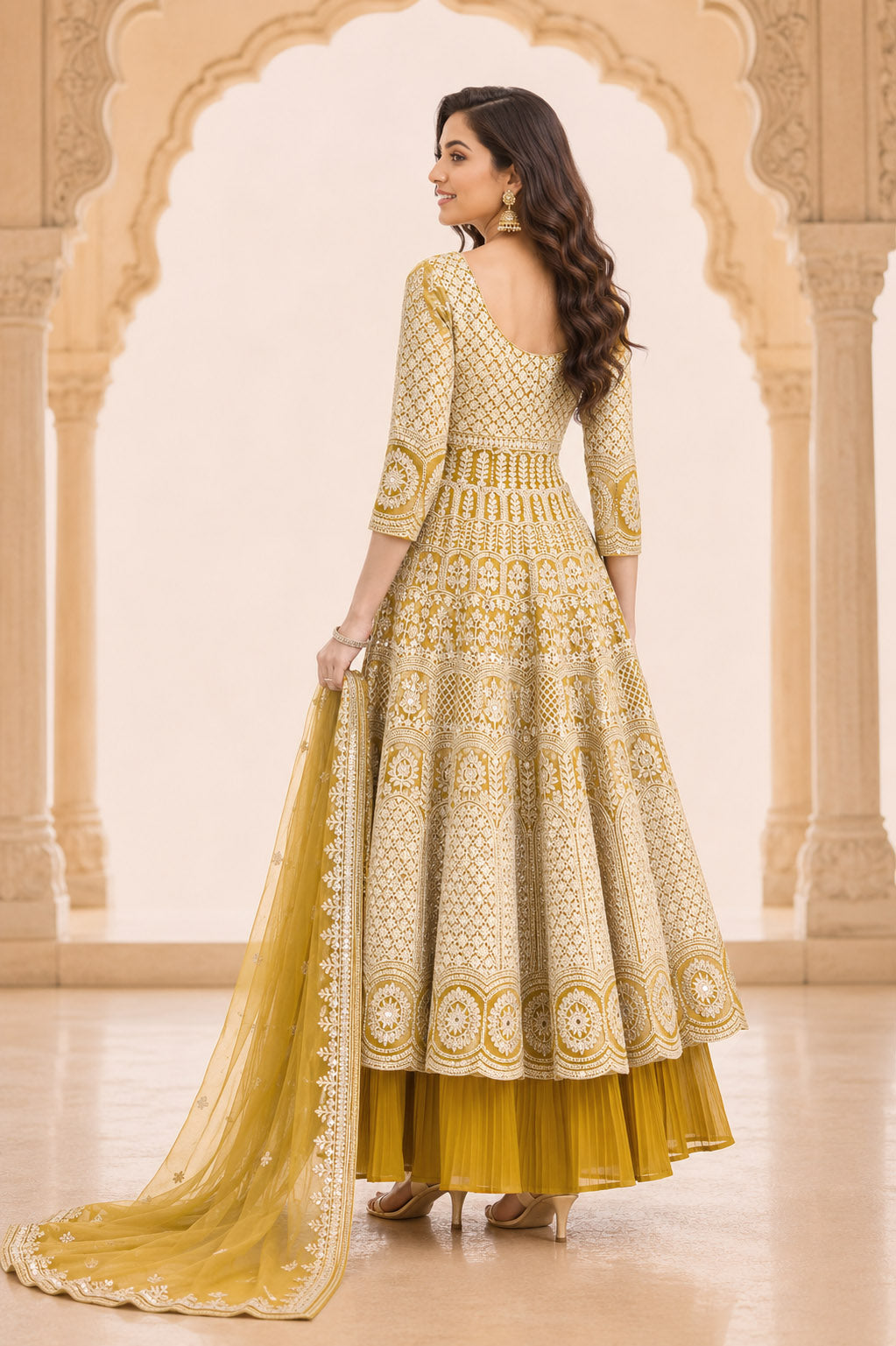 Lemon yellow Embroidered Anarkali Kurta Set with Pleated Skirt &  Dupatta