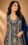 Rajeshwari Royal Blue Gold Embroidered Kurta Lehenga Set with Dupatta - S