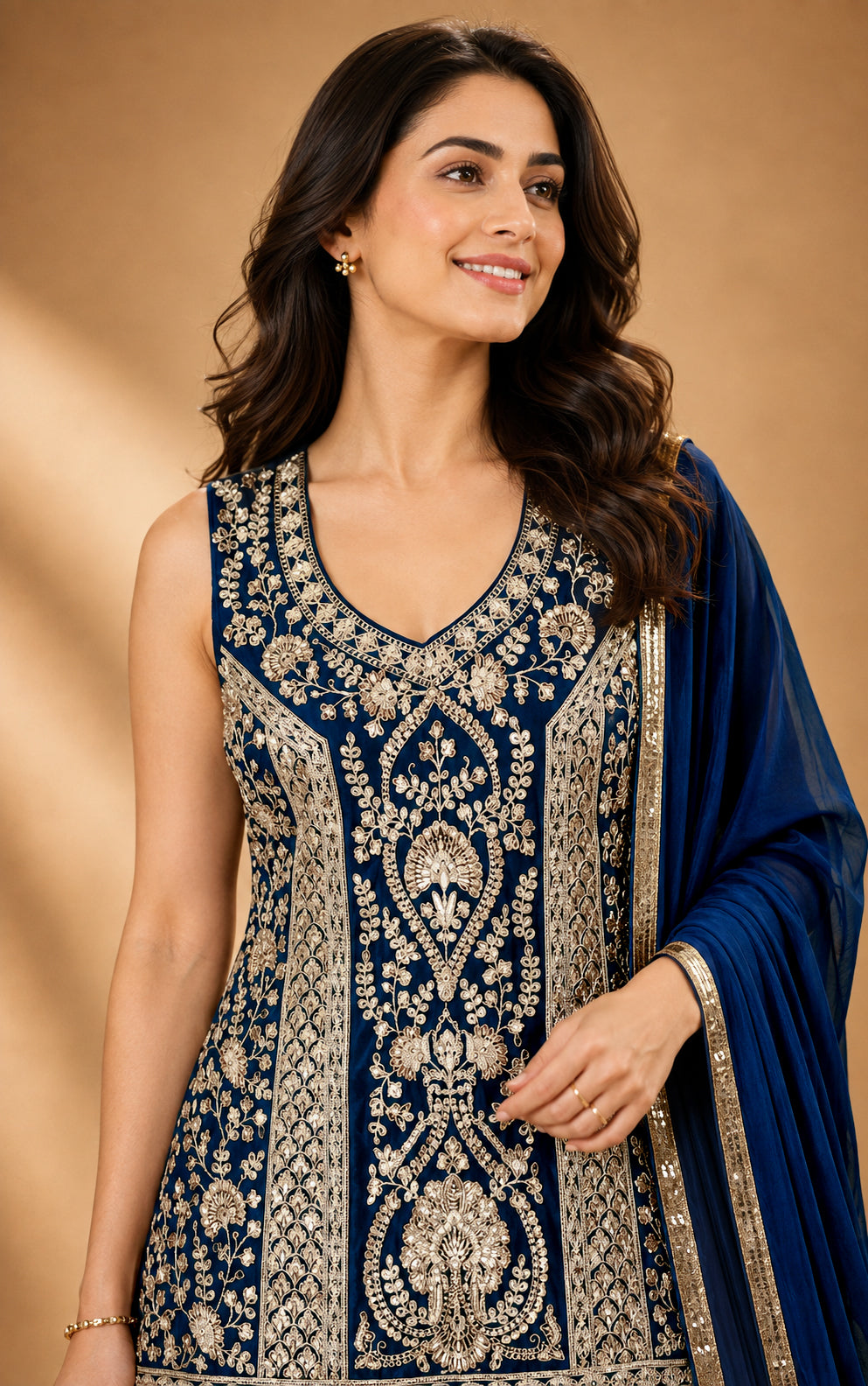 Rajeshwari Royal Blue Gold Embroidered Kurta Lehenga Set with Dupatta - S