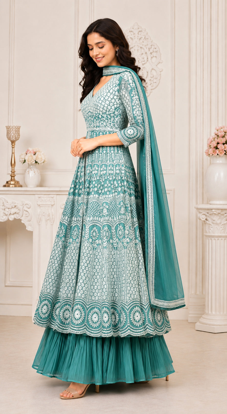 Teal Green Embroidered Anarkali Kurta Set with Pleated Skirt &  Dupatta