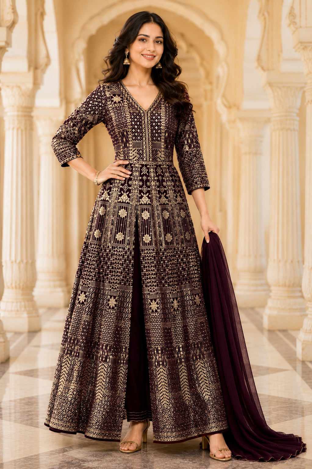 Dark Brown & Antique Gold Embroidered Jacket Kurta Set with Dupatta