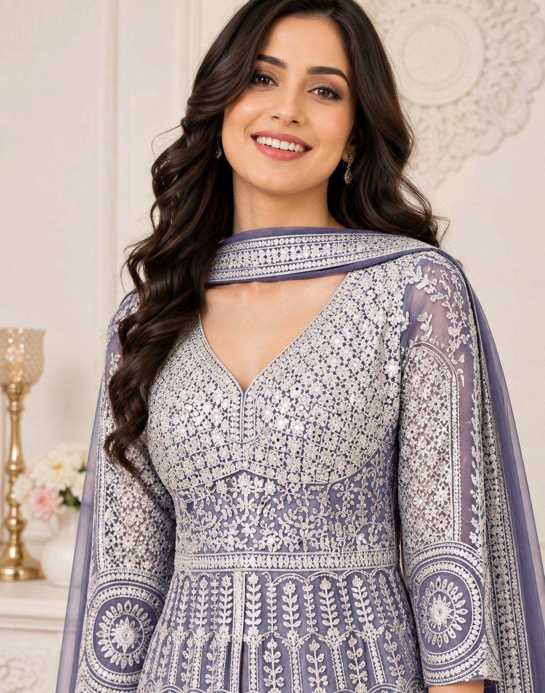 Dusty Lavender Embroidered Anarkali Kurta Set with Pleated Skirt &  Dupatta