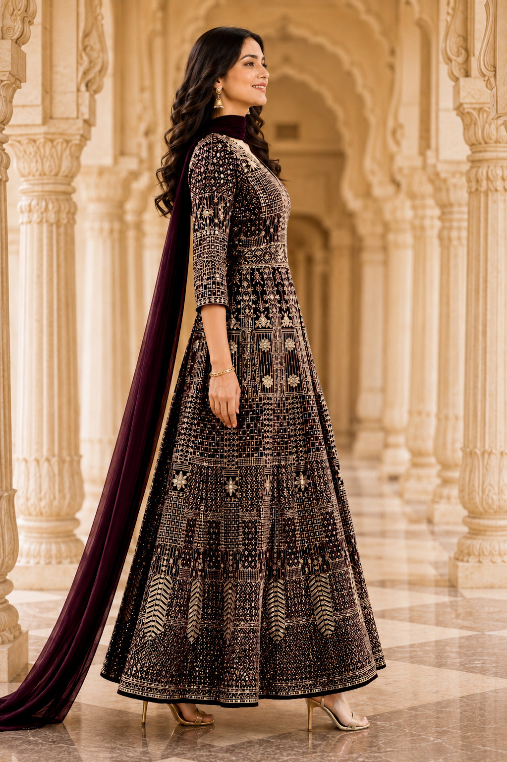 Dark Brown & Antique Gold Embroidered Jacket Kurta Set with Dupatta