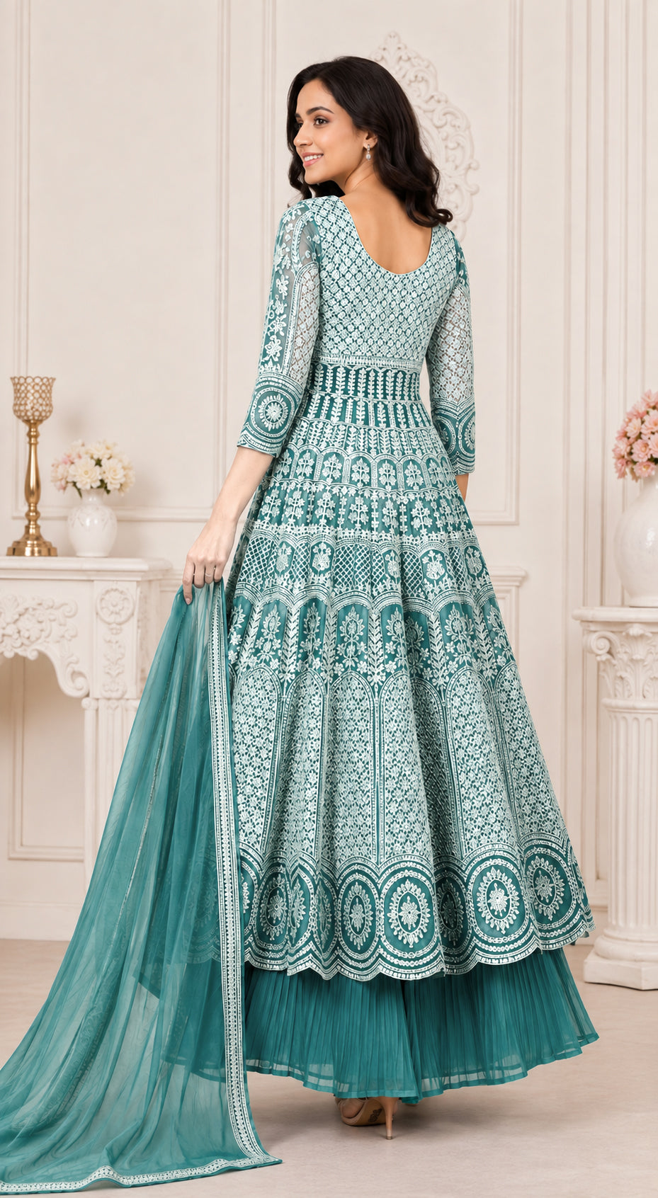 Teal Green Embroidered Anarkali Kurta Set with Pleated Skirt &  Dupatta