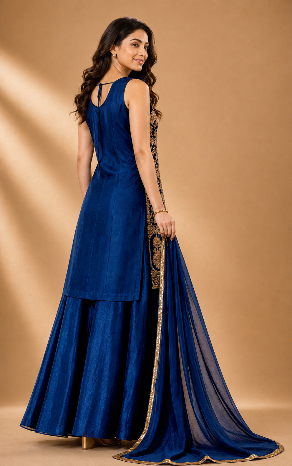 Rajeshwari Royal Blue Gold Embroidered Kurta Lehenga Set with Dupatta - S