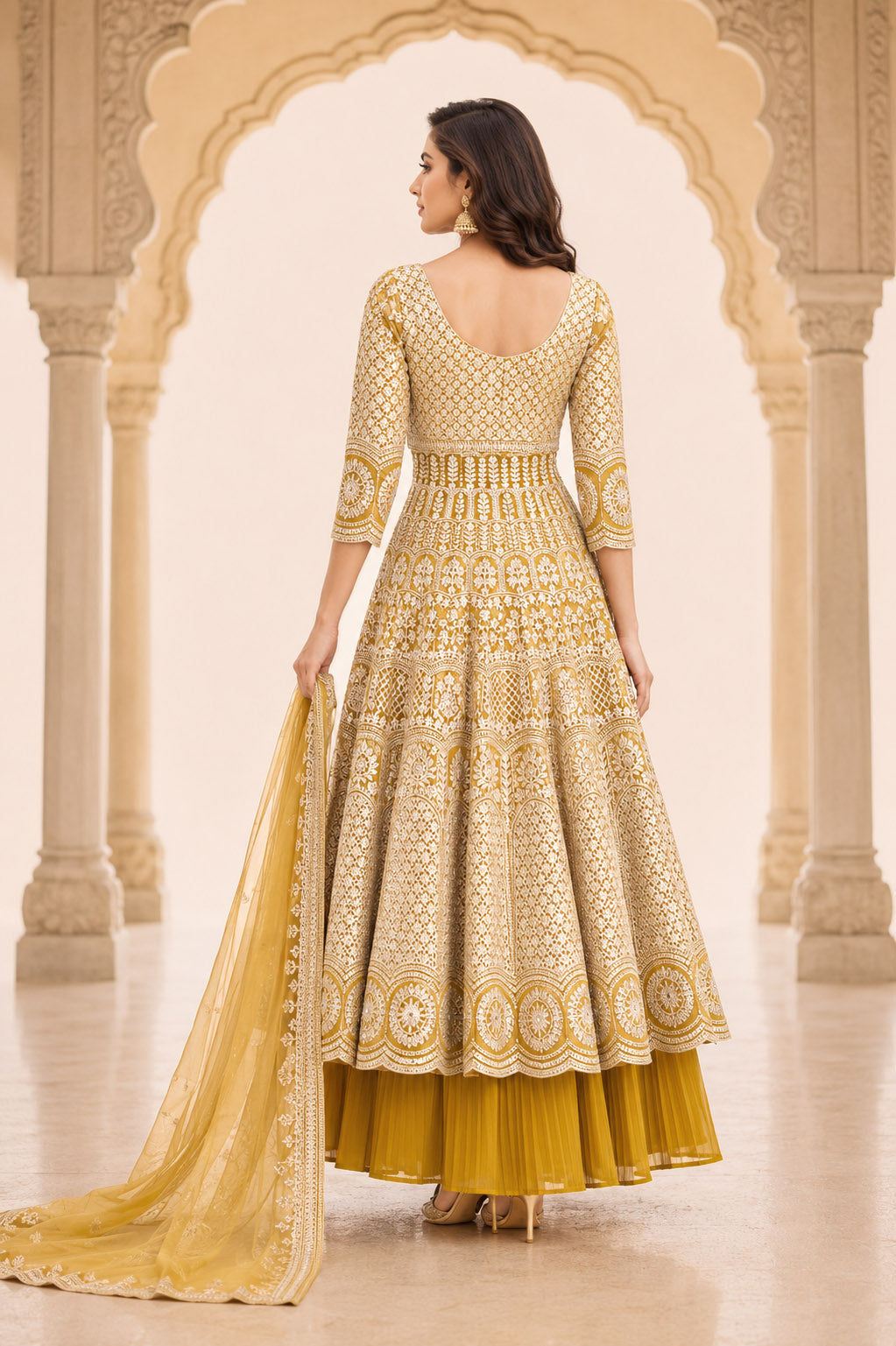 Lemon yellow Embroidered Anarkali Kurta Set with Pleated Skirt &  Dupatta