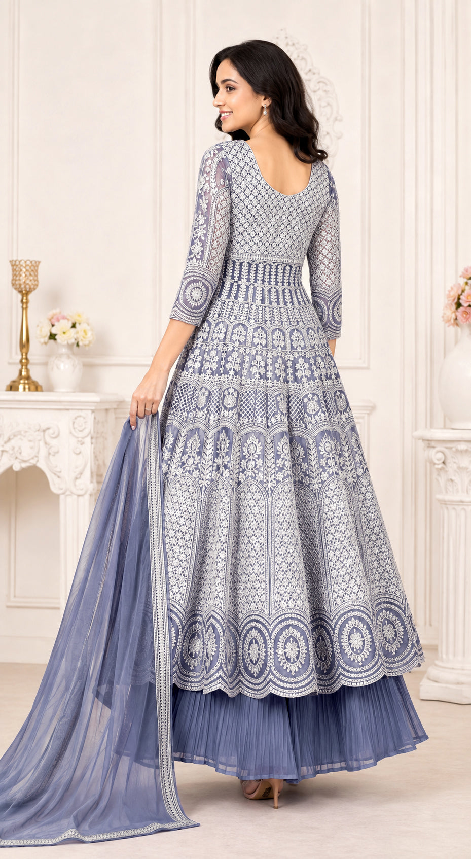 Dusty Lavender Embroidered Anarkali Kurta Set with Pleated Skirt &  Dupatta