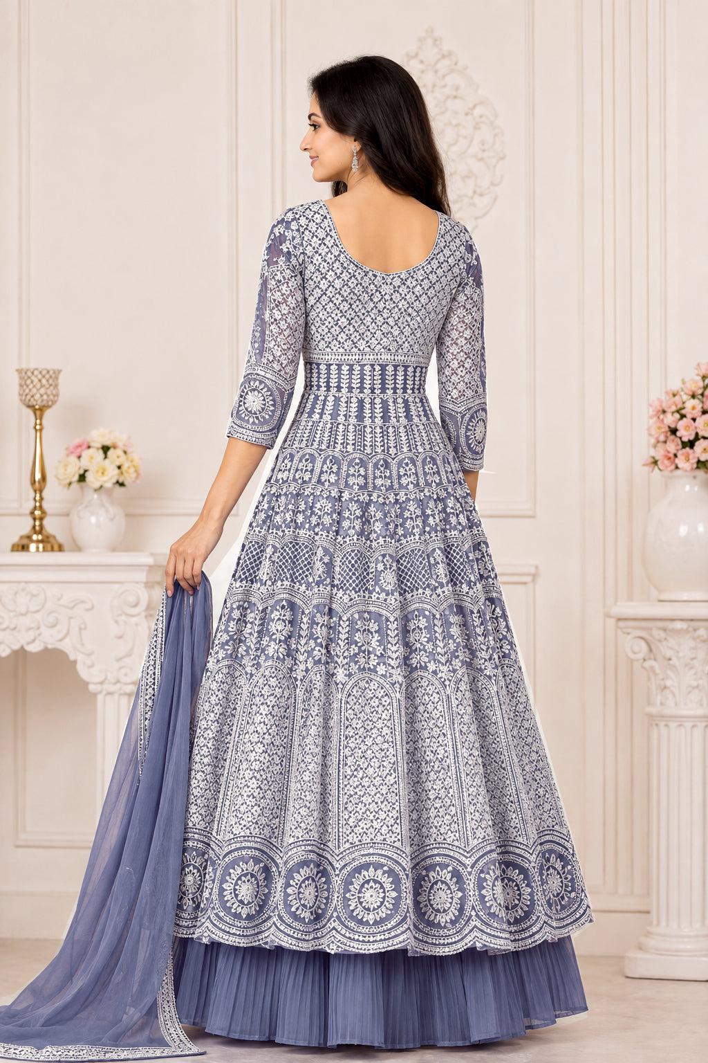 Dusty Lavender Embroidered Anarkali Kurta Set with Pleated Skirt &  Dupatta