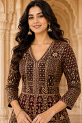 Dark Brown & Antique Gold Embroidered Jacket Kurta Set with Dupatta