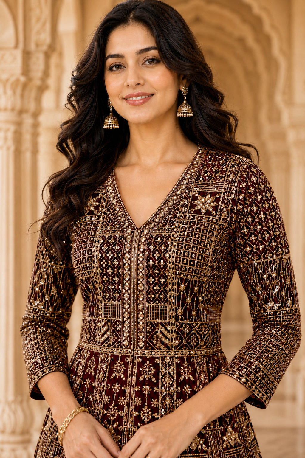 Dark Brown & Antique Gold Embroidered Jacket Kurta Set with Dupatta