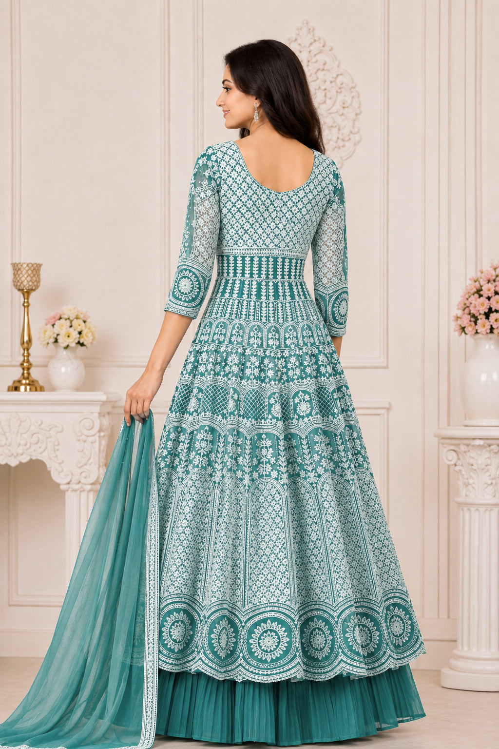 Teal Green Embroidered Anarkali Kurta Set with Pleated Skirt &  Dupatta