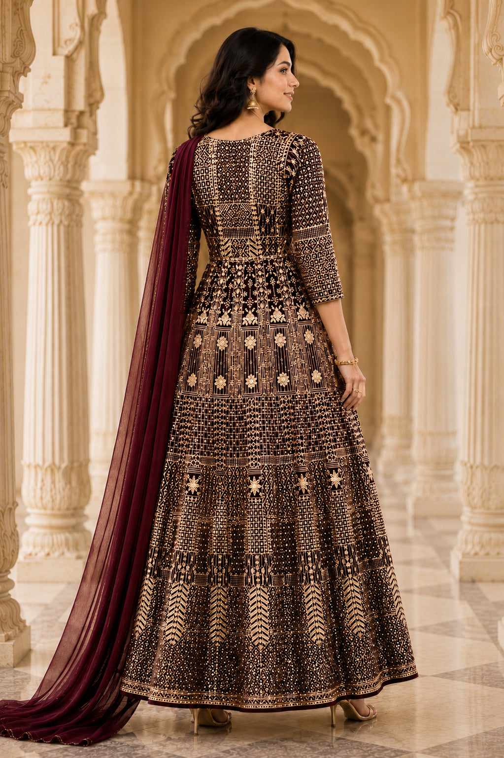 Dark Brown & Antique Gold Embroidered Jacket Kurta Set with Dupatta