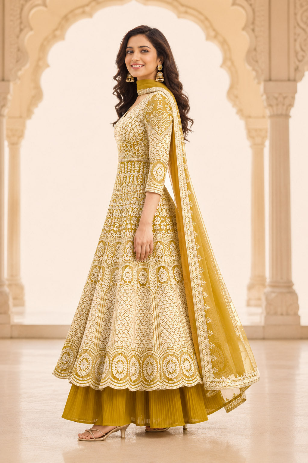 Lemon yellow Embroidered Anarkali Kurta Set with Pleated Skirt &  Dupatta