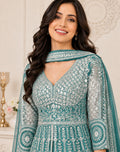 Teal Green Embroidered Anarkali Kurta Set with Pleated Skirt &  Dupatta