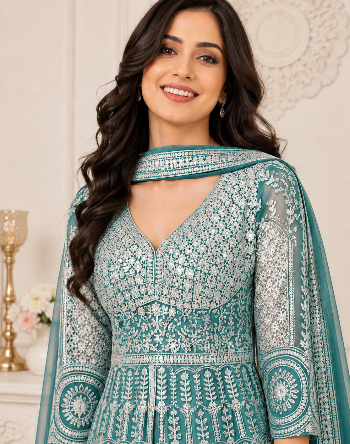 Teal Green Embroidered Anarkali Kurta Set with Pleated Skirt &  Dupatta