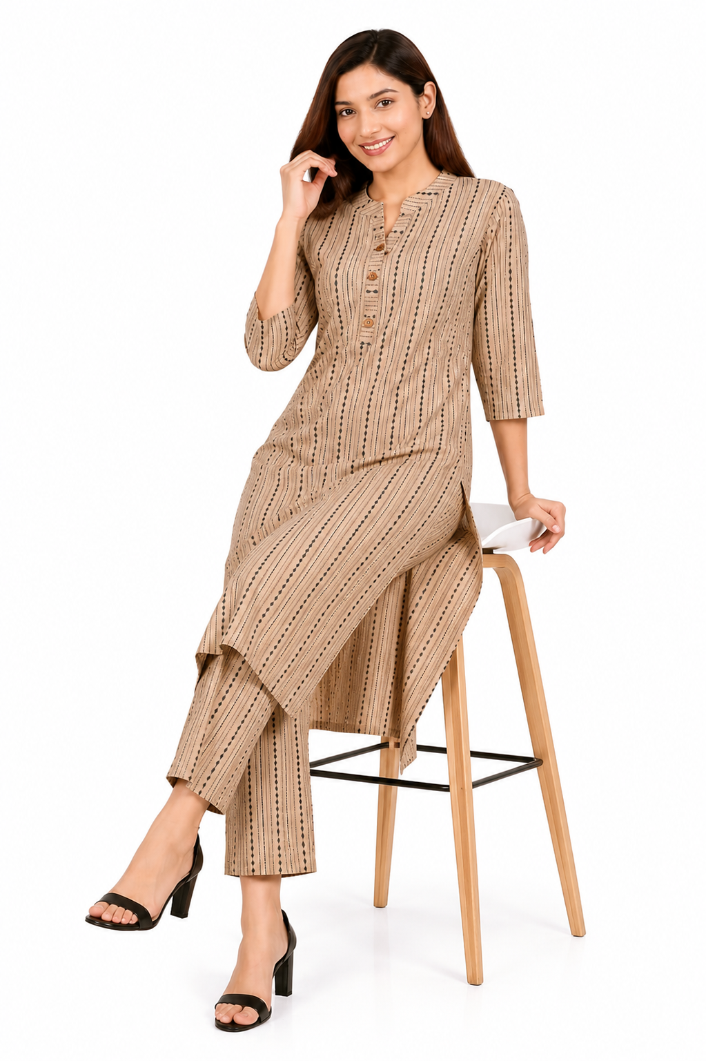 Women's Beige Striped Kurta Pant Set