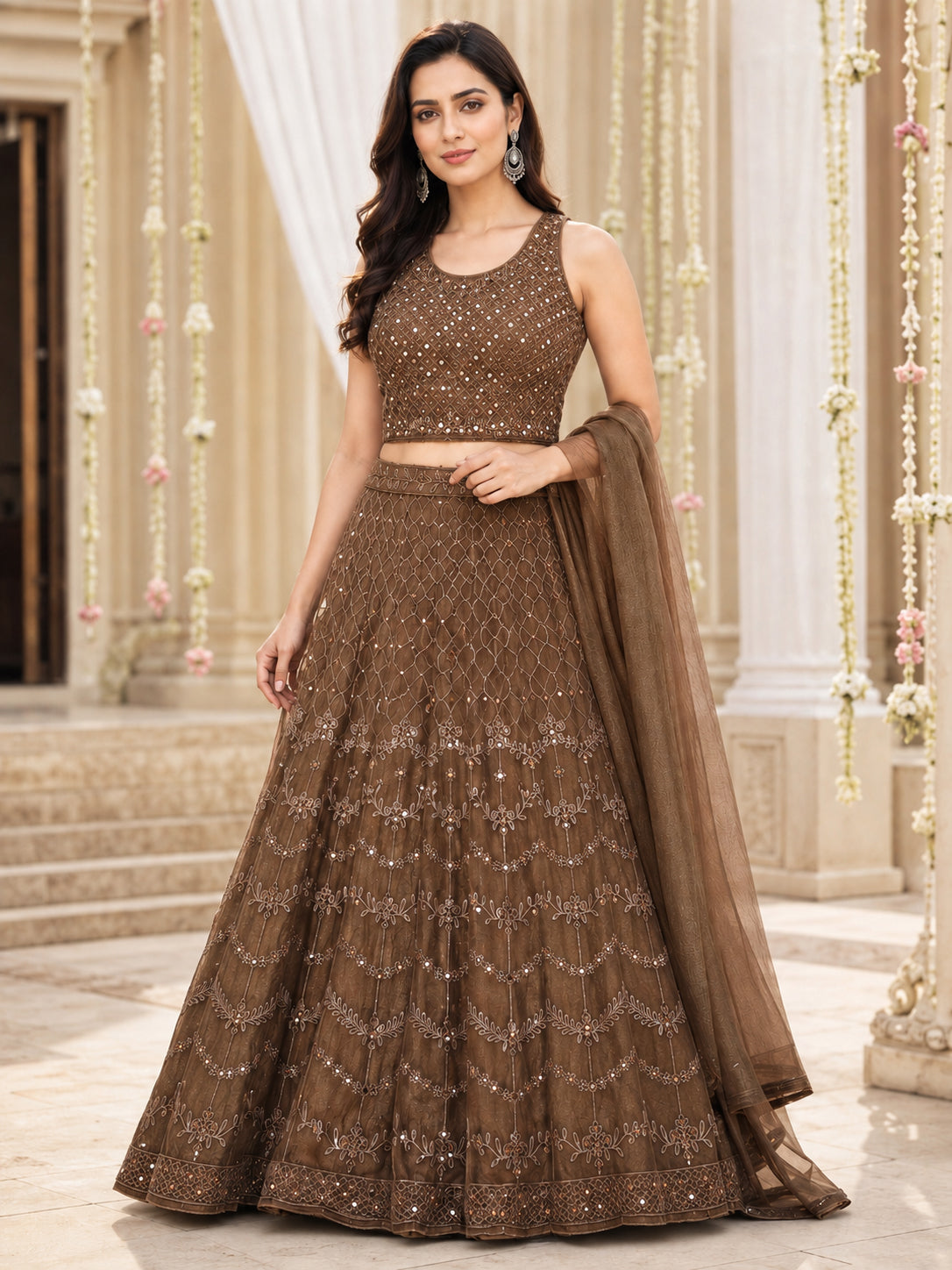 Brown Embroidered Net Lehenga Choli Set with Dupatta