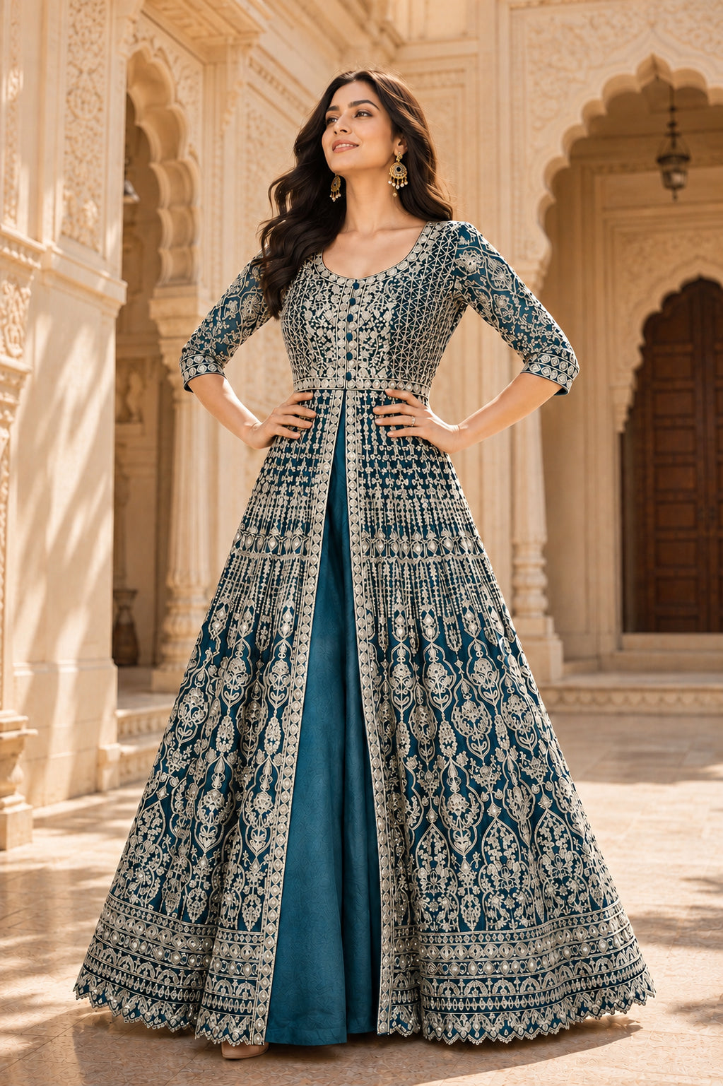 Teal Gold Embroidered Anarkali Set with Dupatta