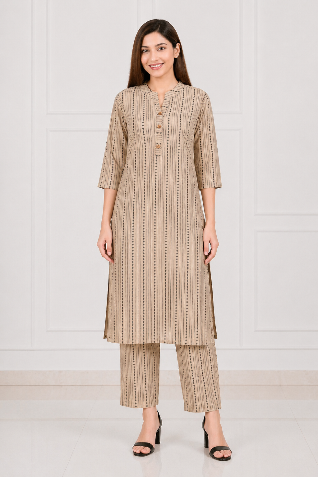 Women's Beige Striped Kurta Pant Set