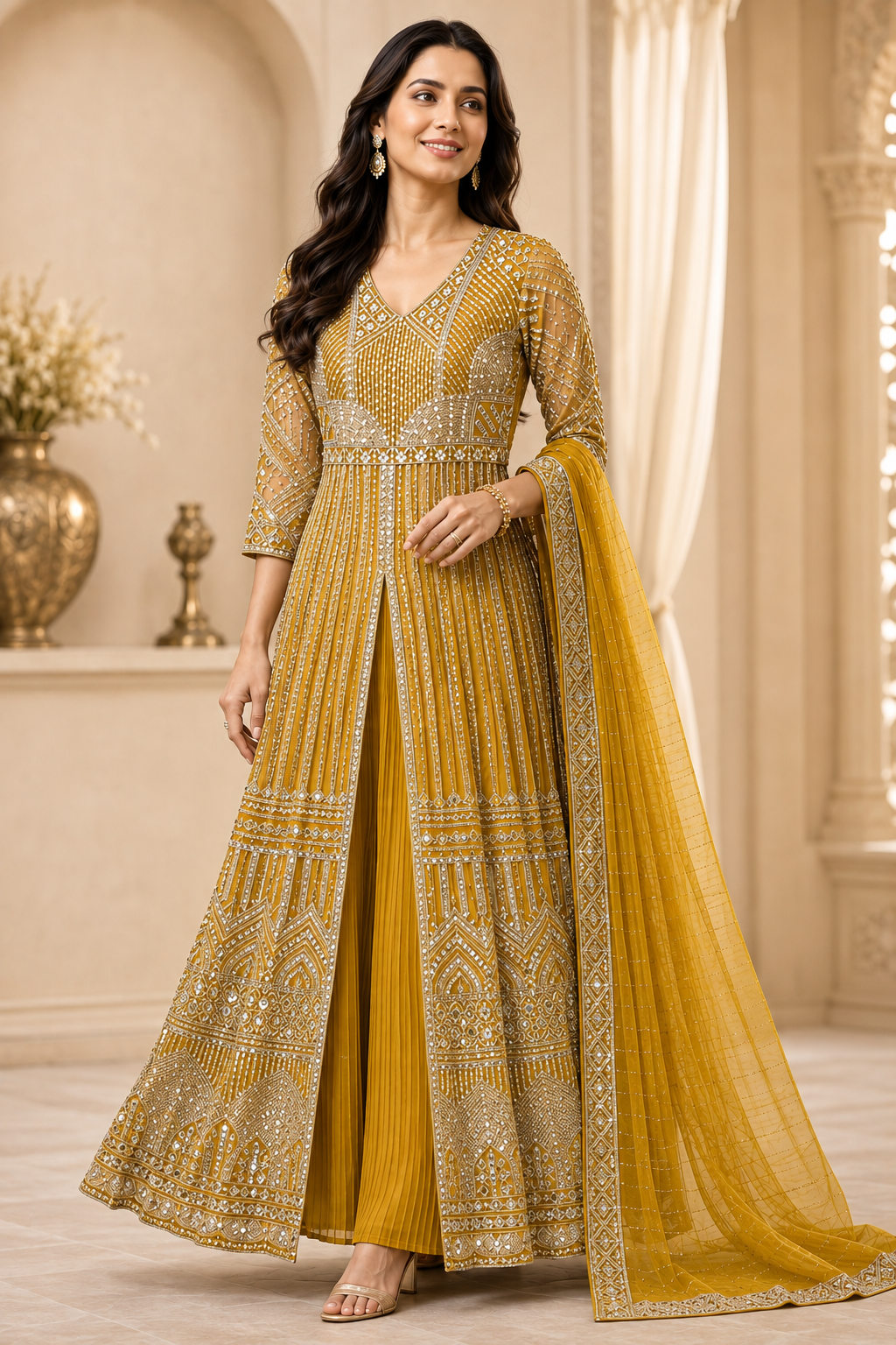Yellow Mirror-Embroidered Anarkali Set with Dupatta