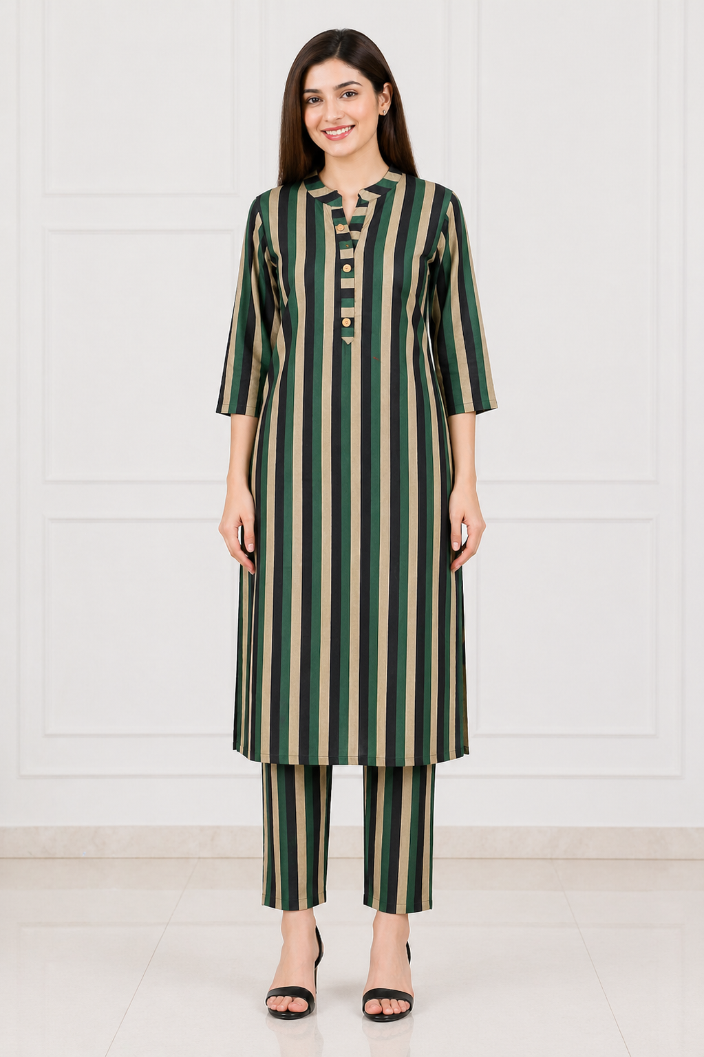 Women's Green & Beige Striped Kurta Pant Co-Ord Set