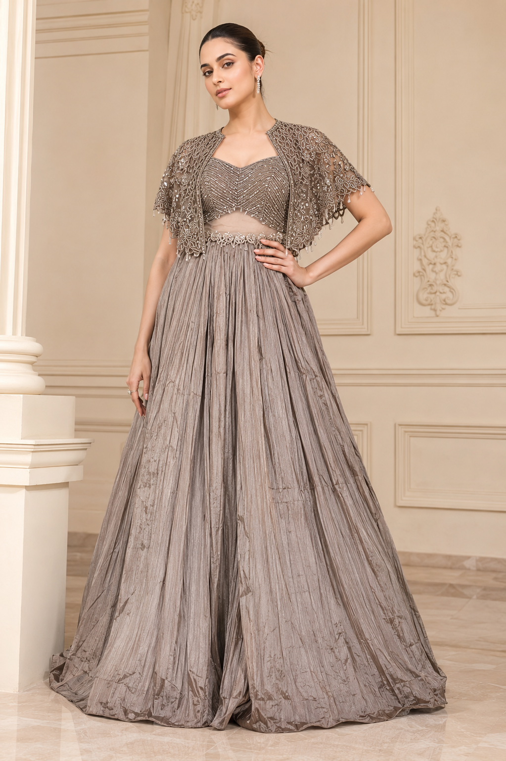 Taupe Grey Embellished Cape Style Party Gown