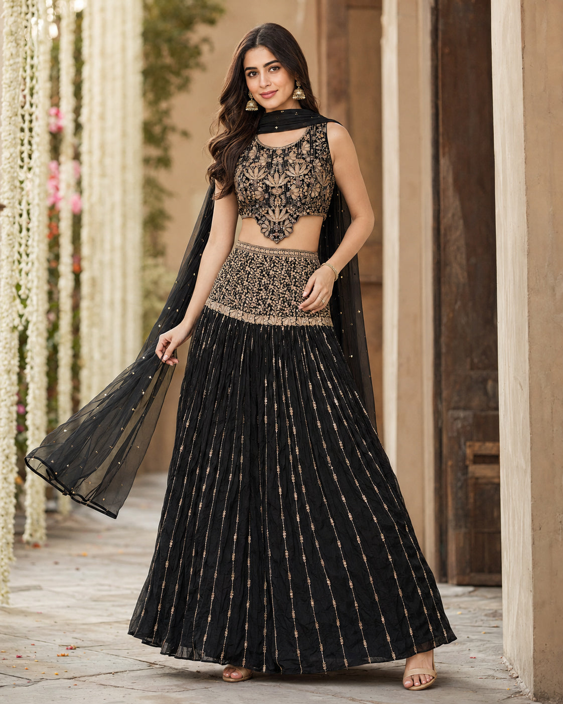 Black & Antique Gold Embellished Lehenga Choli with Dupatta -Large