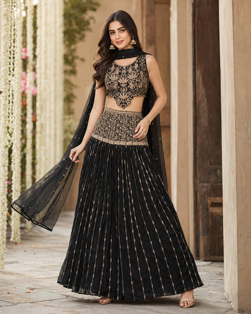 Black & Antique Gold Embellished Lehenga Choli with Dupatta -Large