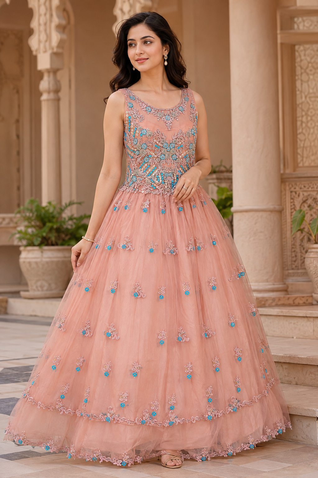 Blush Peach Embellished Net Gown