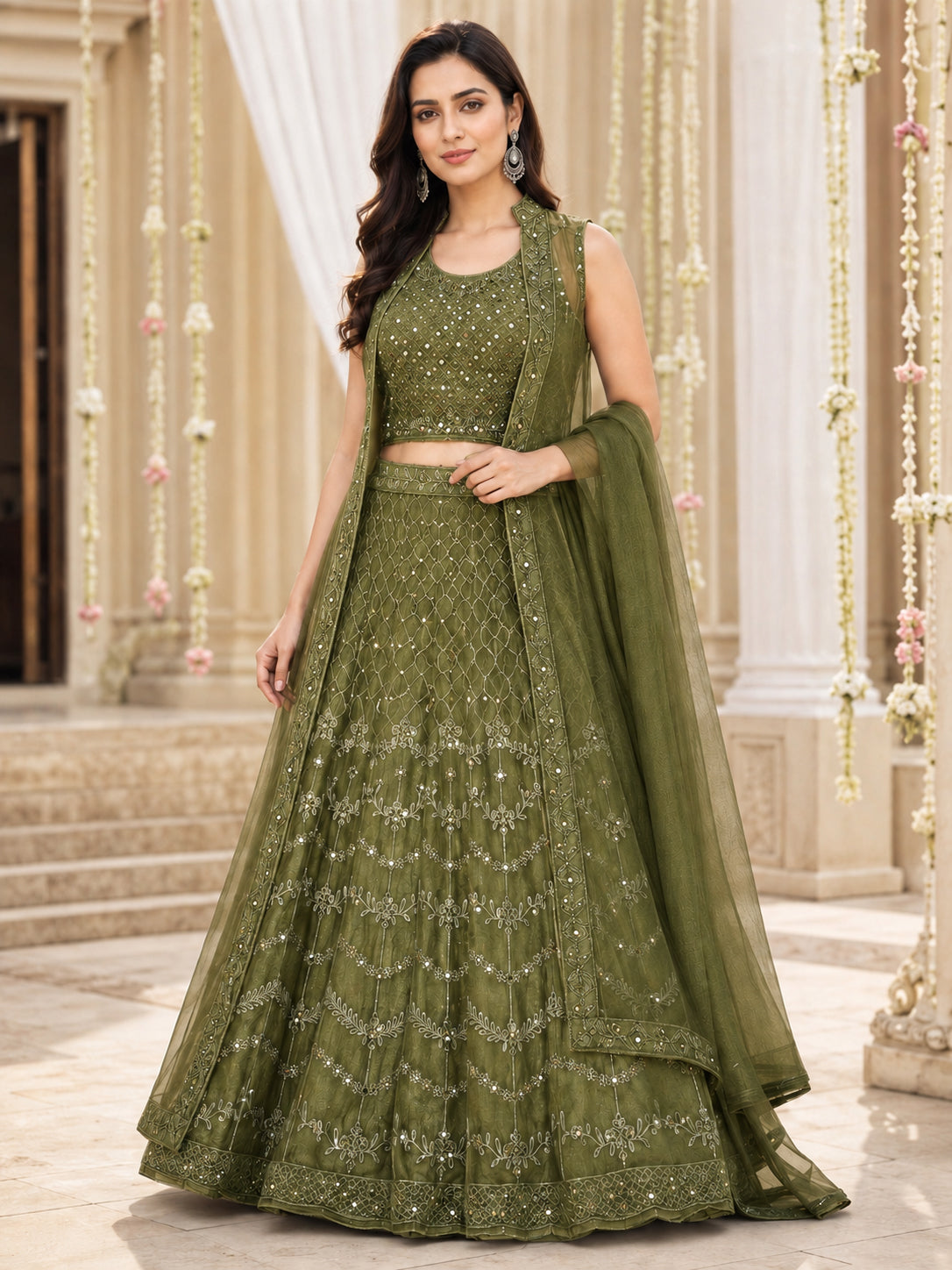 Green Embroidered Net Lehenga Choli Set with Dupatta
