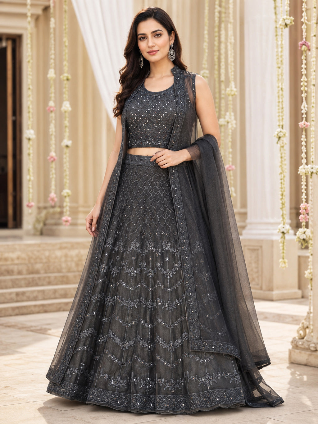 Charcoal Grey Embroidered Net Lehenga Choli Set with Dupatta